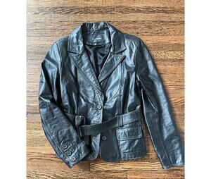 Prune Genuine Leather Belted Jacket Womens L Black Soft Leather Argentina Made